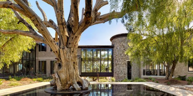 Exterior view of a refined stone-clad residence arranged around a reflective rectangular pool or water feature. A mature sculptural tree rises from a central circular planter in the foreground, while extensive dark-framed glazing, a tall glazed connection, masonry walls and tiled roof elements define the courtyard facade. The setting is landscaped and shaded, with a warm, natural palette and strong indoor-outdoor connection.