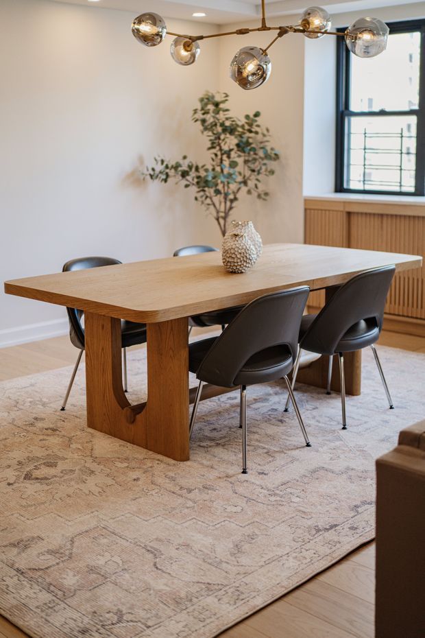 A refined dining room with a large light-wood dining table, sculptural pedestal-style legs, and dark upholstered dining chairs. A statement multi-globe pendant light hangs above the table, while a pale patterned area rug, neutral walls, indoor tree, and black-framed window with timber radiator screening create a warm contemporary setting.