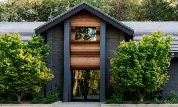 Front exterior view of a symmetrical, gabled building entrance set within mature landscaping. The facade combines dark masonry walls and dark roof framing with a prominent vertical timber slatted section containing upper and lower glazing. Dense trees and shrubs flank the entry, creating a natural, sheltered setting.