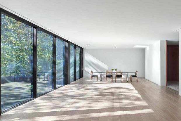 A bright, minimalist dining and living space with expansive floor-to-ceiling black-framed glazing along one side, overlooking leafy greenery. A simple dining table and chairs sit in an open white room, with pale timber flooring, recessed ceiling lights, and strong dappled sunlight creating shadows across the floor.