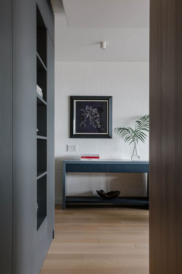 A refined residential hallway or entry passage viewed through an open doorway, with built-in dark shelving on the left and a dark wood door or wall panel on the right. At the end is a slim dark console with drawers and an open lower shelf, styled with a sculptural bowl, books, a framed monochrome artwork, and a slender potted palm. The space has light timber flooring, white textured walls, a plain white ceiling, and a restrained contemporary palette.