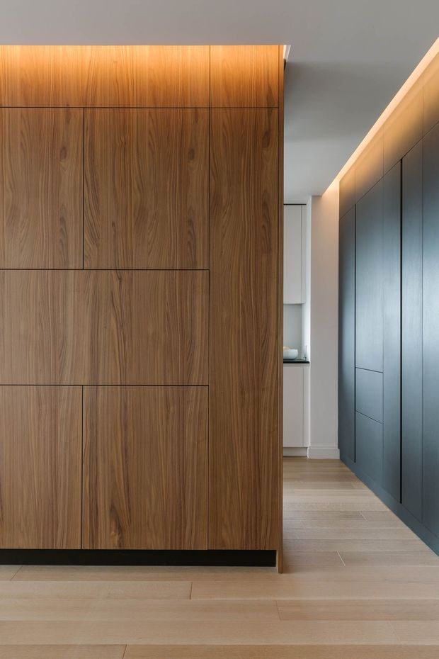 A minimalist interior hallway or transitional space dominated by extensive floor-to-ceiling built-in joinery. Warm walnut-toned timber cabinetry forms a large partition on the left, while dark charcoal-blue cabinetry lines the right wall. Pale timber flooring, white walls, and concealed linear lighting create a refined, contemporary atmosphere. A small portion of a kitchen or utility area is visible at the end of the passage.