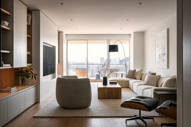Bright, refined contemporary living room with floor-to-ceiling glazing opening to a balcony or urban outlook. The room features a neutral sectional sofa, rounded lounge chair, mid-century-style leather recliner, timber coffee table, integrated white and timber-toned built-in cabinetry, wall-mounted television, large area rug, and an arched floor lamp.