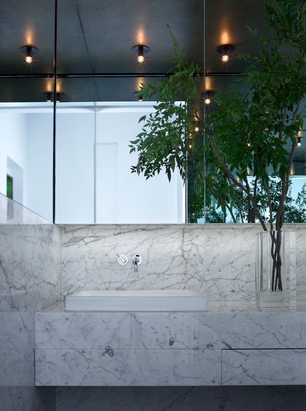 A refined contemporary bathroom vanity area clad extensively in veined white marble. The wall-mounted white basin and minimal chrome tapware sit beneath large mirrored panels, with a dark reflective ceiling featuring exposed surface-mounted globe lights. A tall indoor tree in a clear vase adds organic contrast to the monochromatic stone and reflective surfaces.