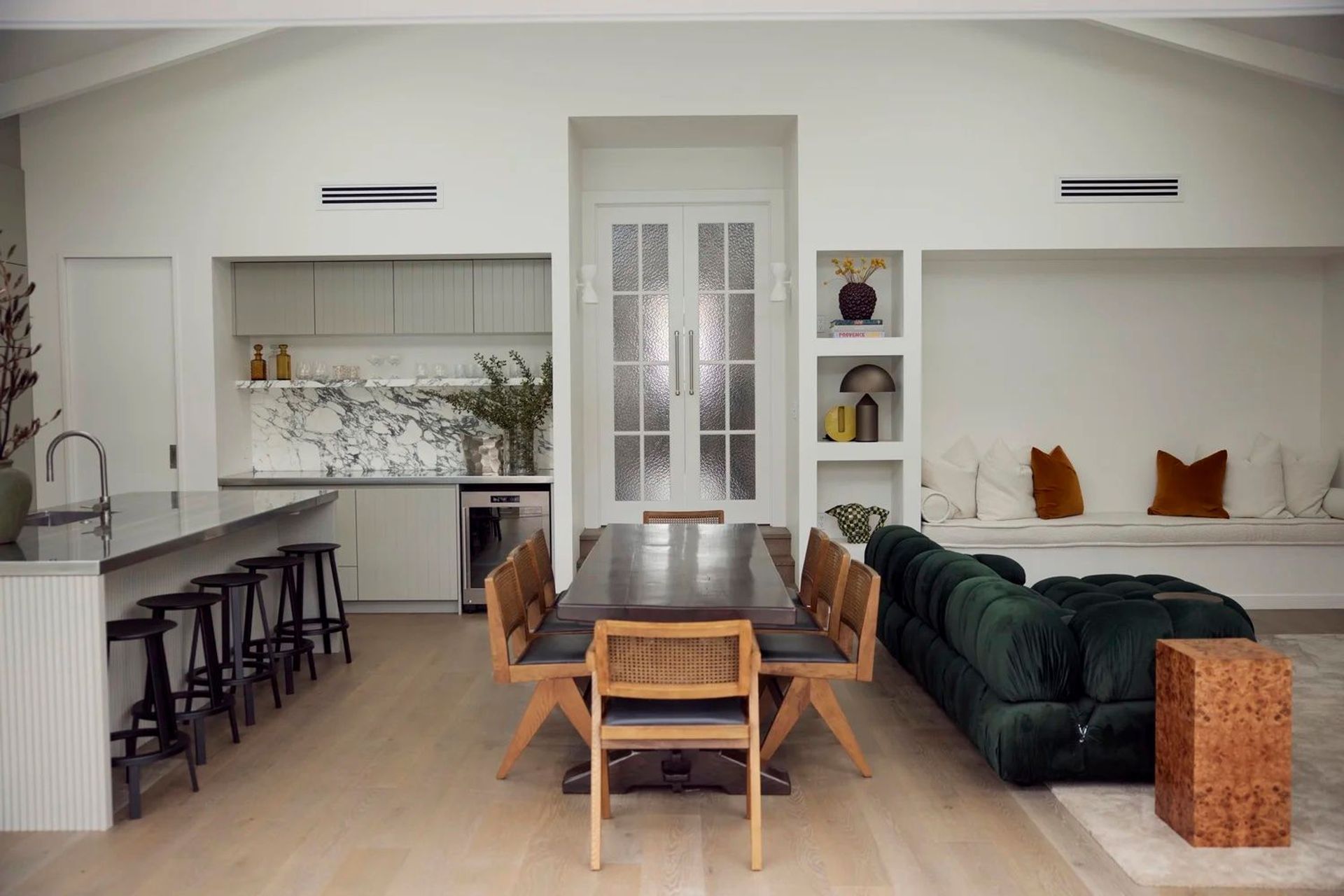Point Chevalier bungalow cathedral addition with open-plan kitchen, dining and living, marble scullery, French doors with textured glass and vaulted ceiling — Macfie Architecture Auckland
