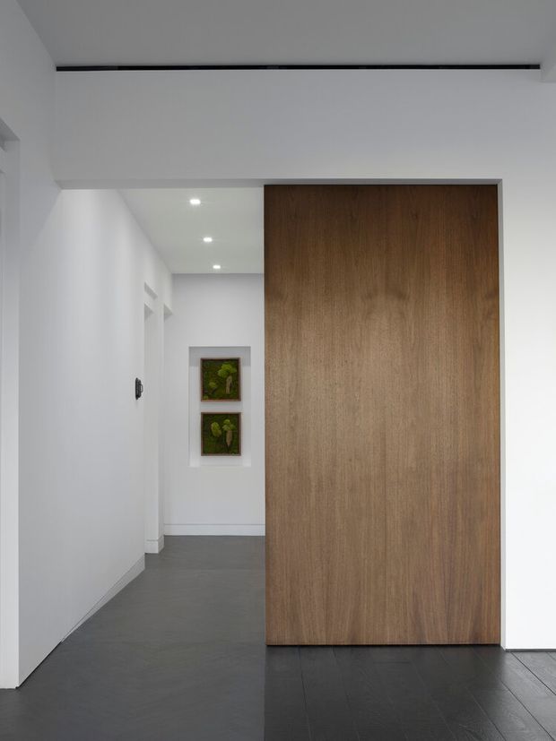 Minimalist interior hallway with white walls, dark flooring, recessed ceiling lights, and a large floor-to-ceiling warm timber sliding or pivot door. The clean-lined corridor includes two small framed green artworks and concealed linear detailing near the ceiling.