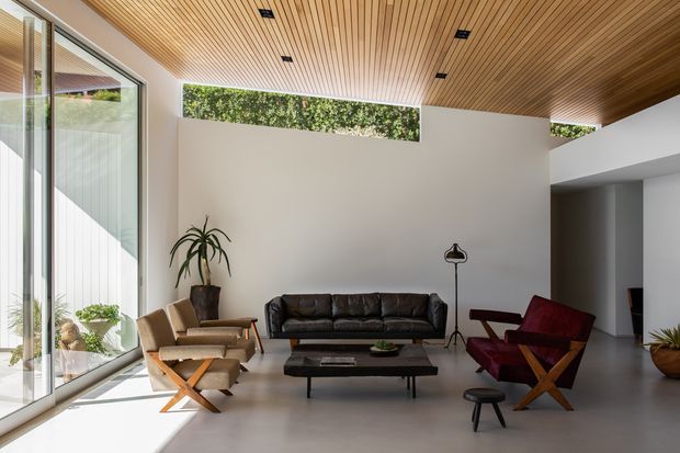 A refined modern living room with floor-to-ceiling glazing, a warm timber slatted ceiling, white walls, and polished concrete flooring. The room is furnished with a dark leather sofa, sculptural lounge chairs, a low black coffee table, and a floor lamp. High clerestory glazing brings in abundant daylight while greenery is visible outside.