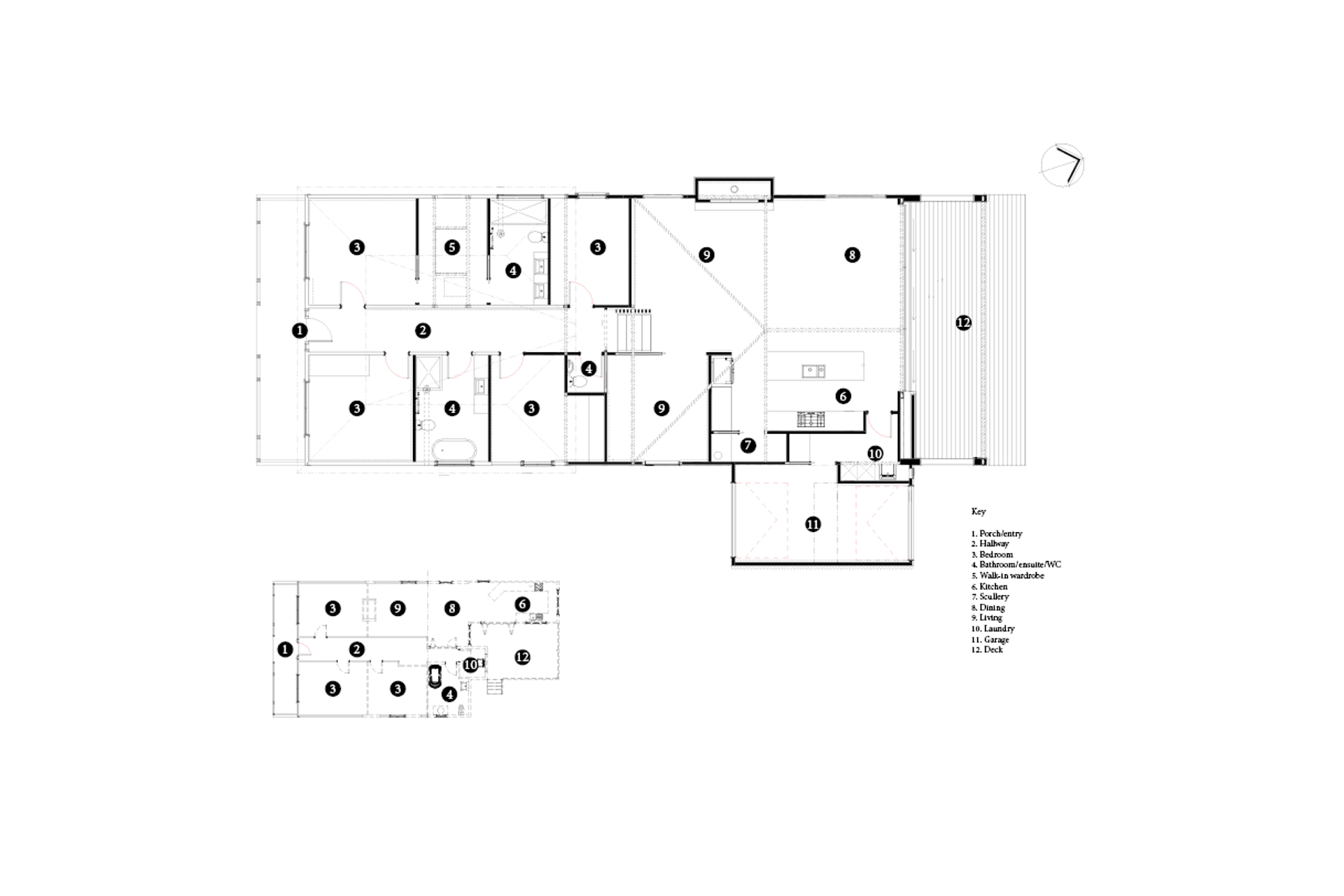 Floor plan showing the original layout (bottom left) and the post-renovation layout.