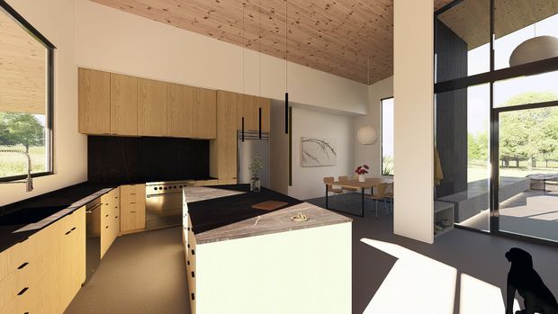 A bright, open-plan contemporary kitchen and dining area with extensive natural timber cabinetry, a dark benchtop and splashback, a central island, and a warm timber-lined ceiling. Full-height black-framed glazing opens toward an outdoor terrace, while pendant lights hang above the island and a dining table sits beyond. A dog silhouette is visible in the foreground.
