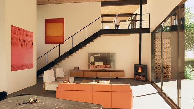 A spacious contemporary double-height living room with an open mezzanine walkway and black metal staircase railing. The room features exposed timber ceiling beams, pale plaster walls, a warm timber media console, orange sectional sofa, fireplace, large artwork, and extensive floor-to-ceiling glazing opening toward an outdoor area.