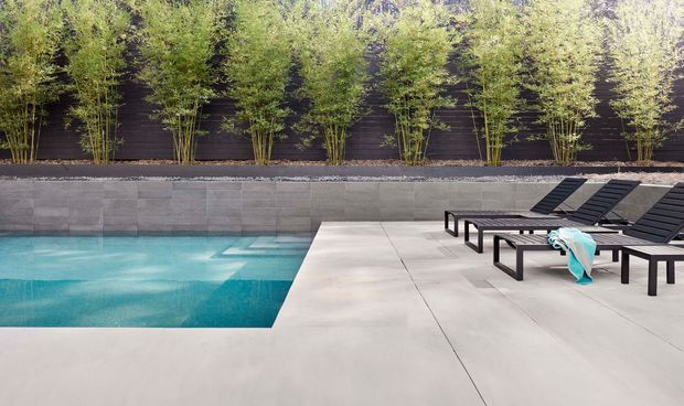 Contemporary landscaped pool area with a rectangular turquoise swimming pool, broad pale concrete or stone paving, dark tiled retaining wall, and a row of black reclining sun loungers. A dense screen of tall bamboo-like planting lines the rear boundary, creating a private, serene outdoor setting.
