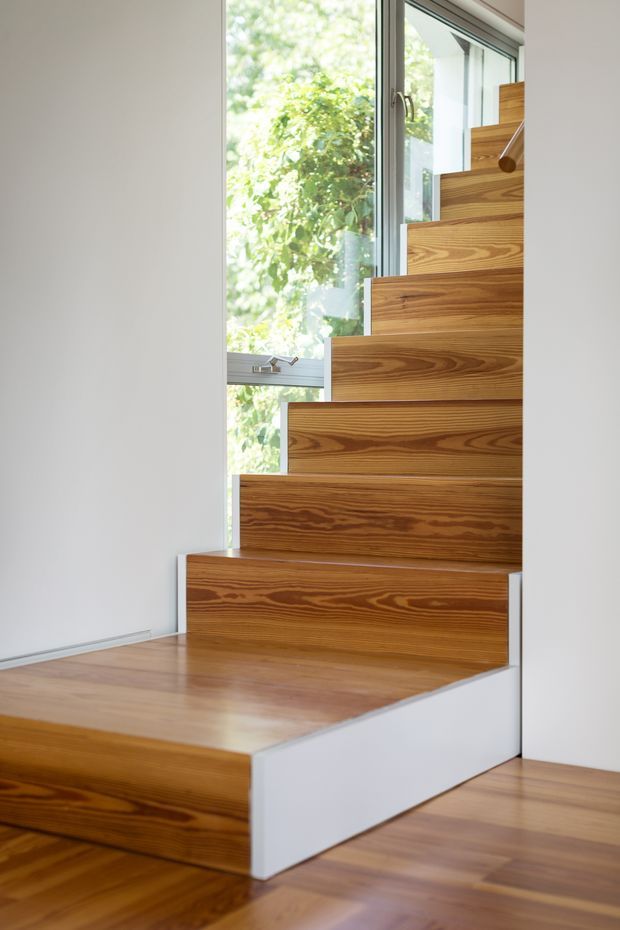 A bright, minimalist interior stairway with broad solid timber stair treads and risers, contrasting white side walls and stringer, and a large glazed window alongside the stairs. The timber has a warm medium-brown grain, while natural greenery is visible outside. Matching timber flooring extends across the lower level.