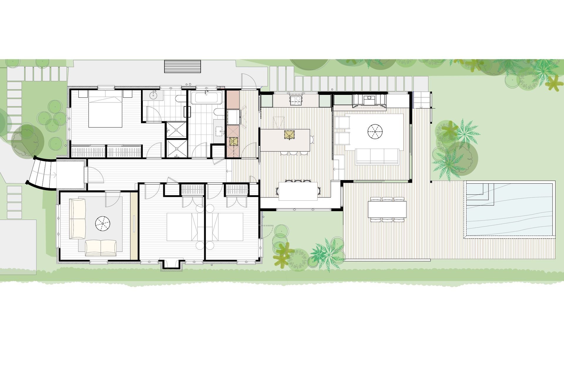 Architectural floor plan by Rogan Nash Architects illustrating the relationship between the restored bungalow and the contemporary rear extension, with open-plan family living centred around the garden and swimming pool.