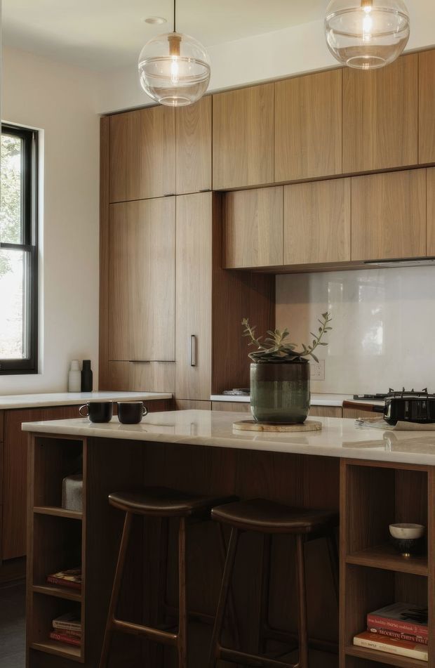 A warm, refined kitchen featuring full-height walnut-toned cabinetry, a pale stone island benchtop with integrated open shelving and seating for two, and a glossy light backsplash. Two globe pendant lights hang above the island, while dark timber bar stools and understated decorative elements add contrast.