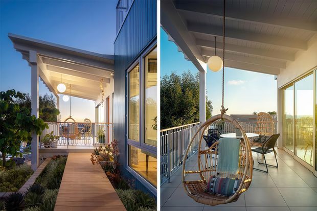 A split view of a contemporary covered outdoor terrace and balcony. The left image shows a timber walkway leading to a furnished veranda beside a vertically clad building, with roofed outdoor living, railing, planting, and warm pendant lighting. The right image shows the terrace more closely, featuring a hanging egg chair, outdoor dining table and chairs, tiled flooring, glass doors, and a high exposed-beam ceiling overlooking a distant landscape.