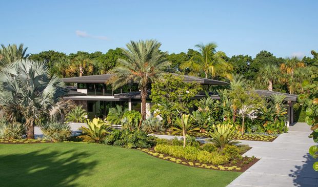 Single-storey contemporary residence set within a lush tropical landscape. The building has long, low horizontal rooflines, extensive dark-framed glazing, deep overhangs, and a sheltered entry or terrace approached by a broad pale concrete walkway. Dense palms and layered planting surround manicured lawn areas, creating a resort-like garden setting.