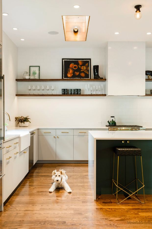 Bright, compact contemporary kitchen with white cabinetry, a white subway-tile backsplash, open timber display shelves, and a central island with a dark green or charcoal panel. The room has warm timber flooring, recessed ceiling lights, a timber-lined ceiling light well, and a small black pendant fixture. A dog is visible on the floor, while glassware and decorative objects are arranged on the open shelving.