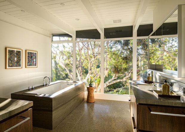 Bright contemporary kitchen with a large central island, dark timber cabinetry, stone benchtops, and extensive floor-to-ceiling glazing overlooking leafy trees. The room has a white painted timber-lined ceiling with exposed beams, integrated downlights, framed artwork, and a warm terrazzo-like floor. A long horizontal mirror or reflective splashback appears above the right-hand benchtop.