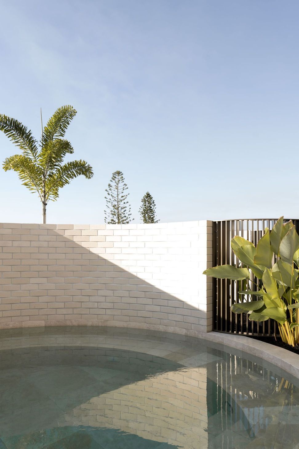Warrego - Entry. Textured block wall and timber battened gate framed by a palm.