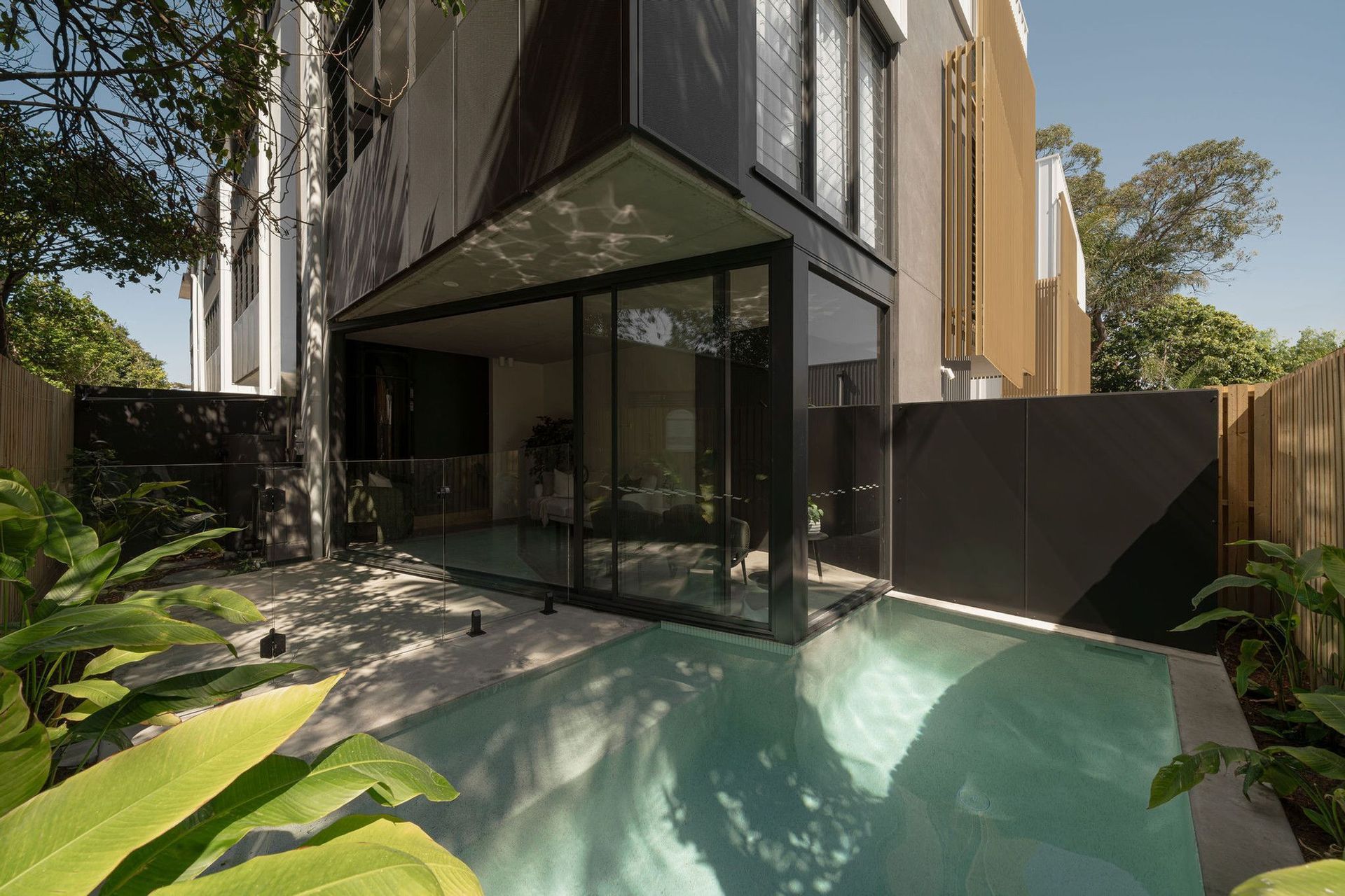 The Smith - Courtyard. Plunge pool in a lush courtyard beside dark clad glazing.