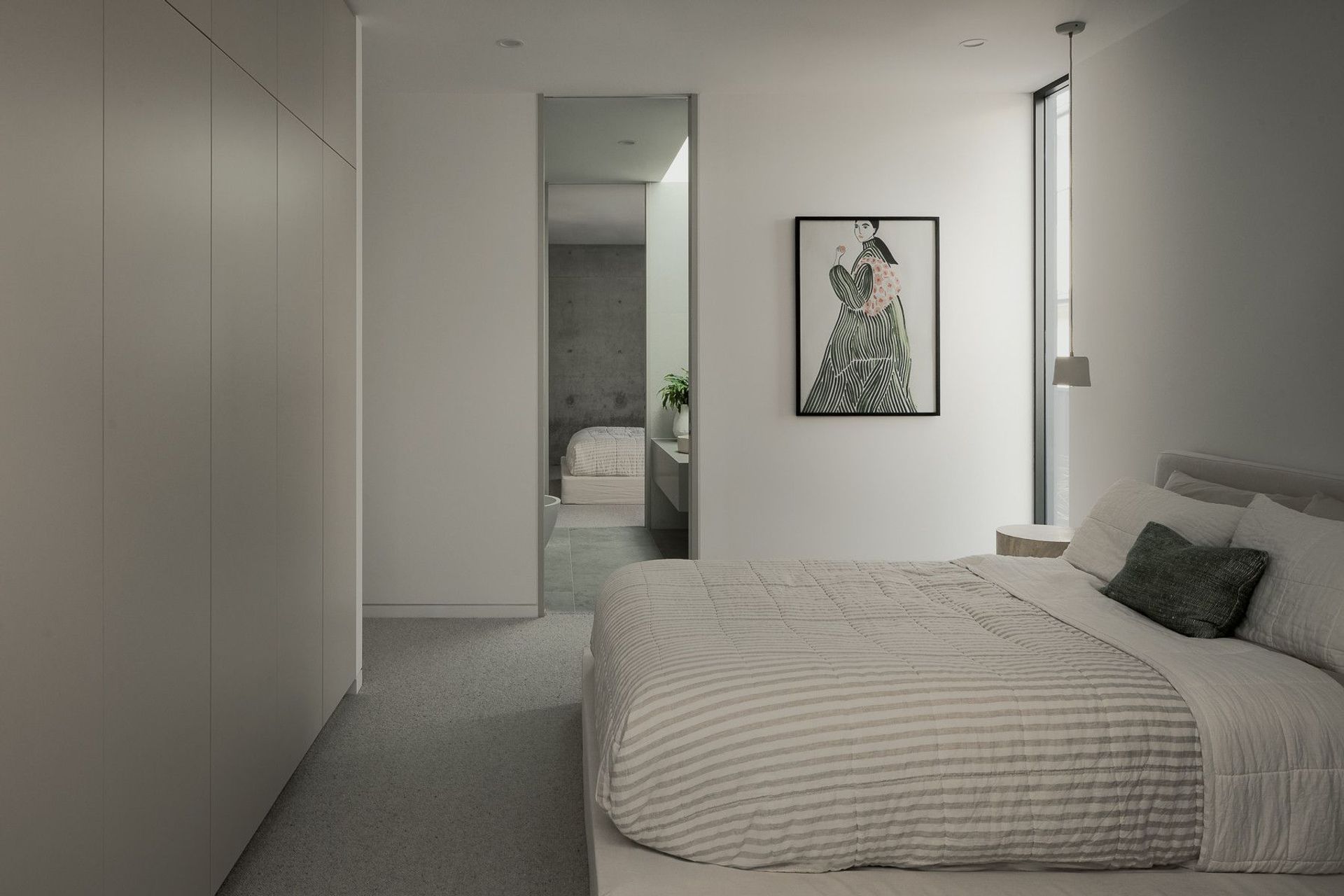 0042 Residence - Bedroom. Light bedroom with soft neutral linen and artwork.