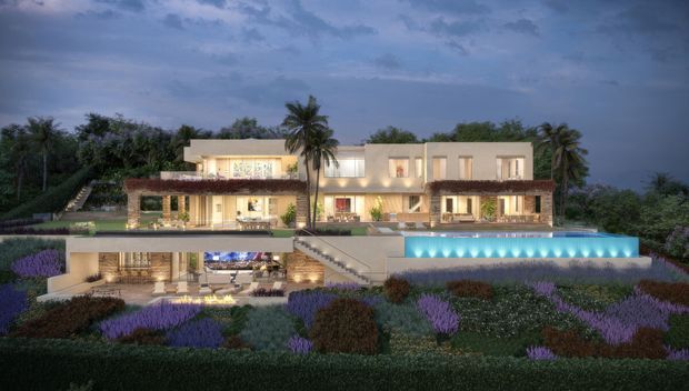 A dusk architectural rendering of a large contemporary multi-level residence set within landscaped gardens. The pale rectilinear villa has extensive glazing, warm interior lighting, terraces with pergolas, an elevated infinity-style swimming pool, and a lower-level outdoor entertaining area. Palm trees and layered planting surround the home.
