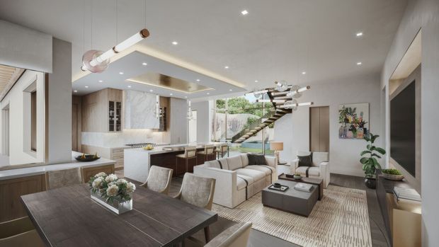 Open-plan contemporary living, dining and kitchen interior with a dark timber dining table in the foreground, a pale upholstered seating area, a marble-look kitchen with island, and a sculptural floating staircase leading toward a garden-facing glazed opening. The room has recessed ceiling lighting, neutral finishes, integrated cabinetry, and a refined, spacious layout.