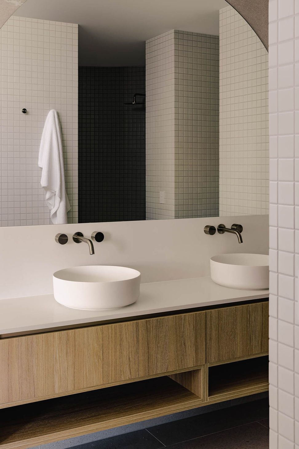 Zaremba Residence - Bathroom. Double basin vanity with brushed tapware and timber cabinetry.