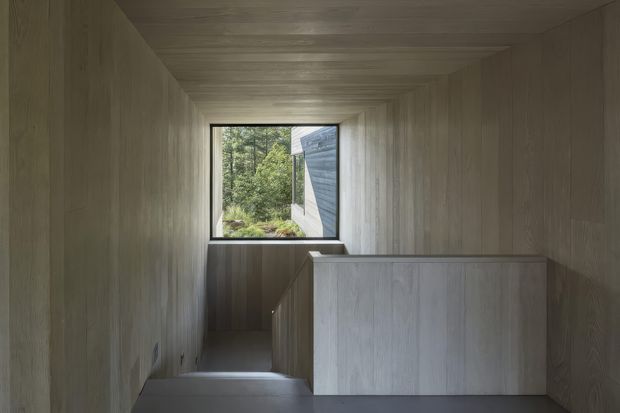 A narrow, minimalist stair landing or hallway lined entirely with pale timber wall and ceiling panels. A short flight of stairs descends beside a solid timber-clad balustrade or storage volume, while a small black-framed window at the end provides a view onto dense greenery and a neighbouring pale-clad structure. The space is softly lit, quiet, and highly restrained, with continuous timber grain creating a cocoon-like interior.