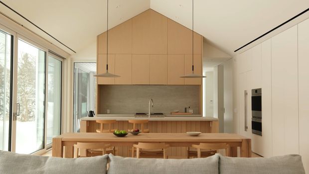 Warm, minimalist open-plan kitchen and dining area viewed from behind a sofa. The kitchen features a central timber island with integrated sink, pale wood cabinetry rising to a pitched ceiling, a muted stone or concrete-look splashback, white full-height joinery, built-in black appliances, and two slim pendant lights. A long timber dining table and chairs sit in the foreground, with generous floor-to-ceiling glazing along the left side.