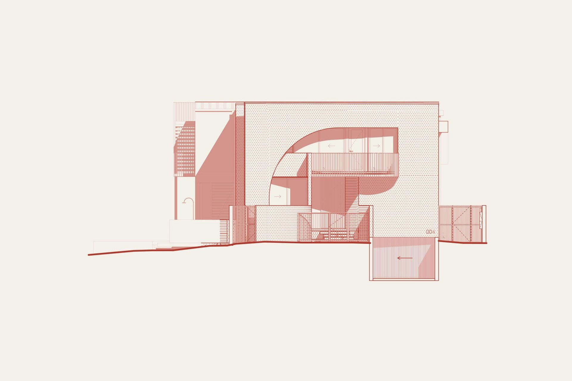 Zaremba Residence - Elevation. Elevation drawing showing the curved facade.