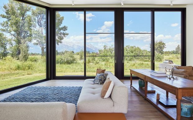 Bright contemporary living room with floor-to-ceiling black-framed glazing overlooking a leafy landscape and distant mountains. A cream sectional sofa, textured blue rug, timber coffee table, and warm timber flooring create a relaxed, nature-connected interior. Track lighting and large sliding or folding glazed panels emphasize the open, airy setting.