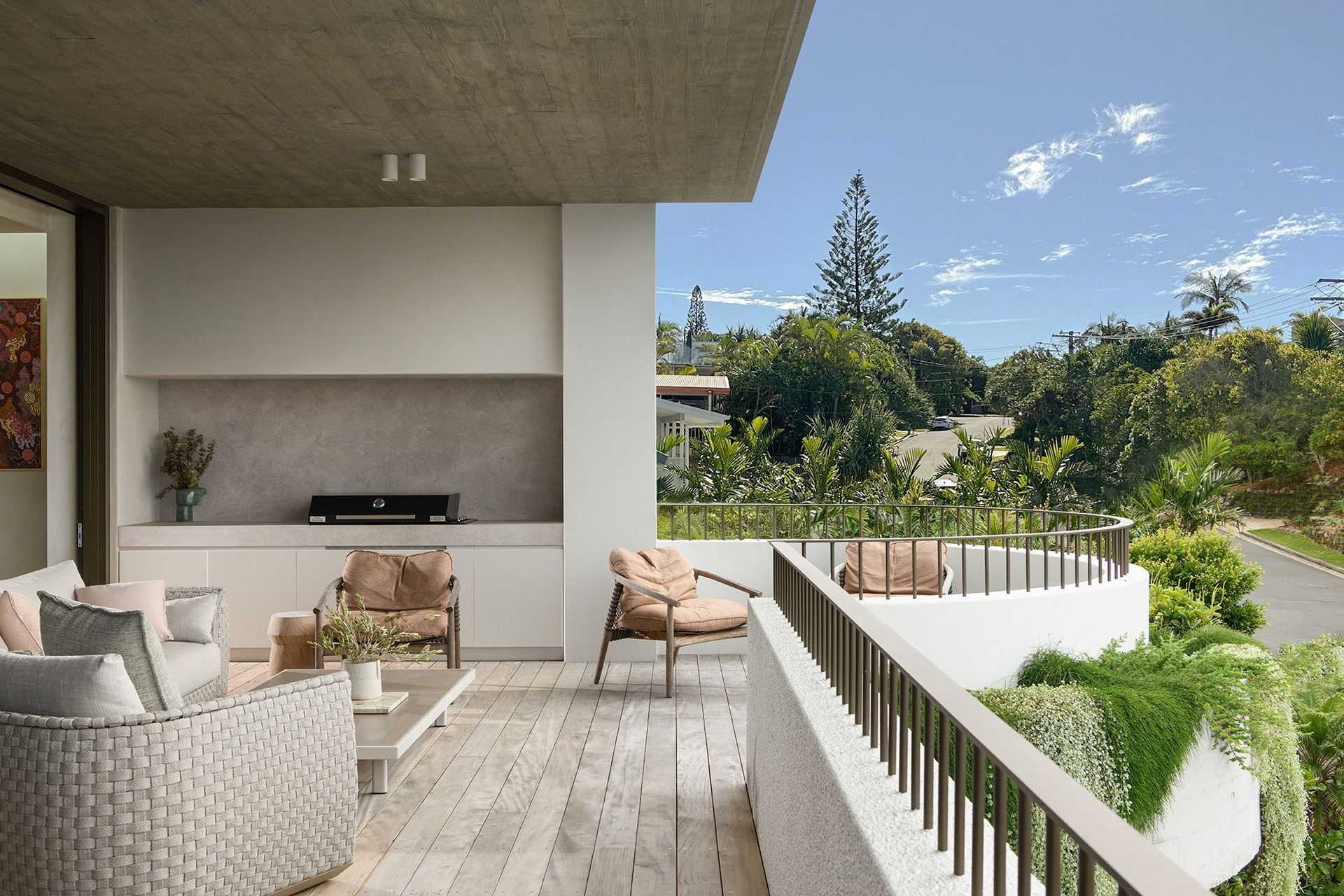 Villa Solare - Patio. Outdoor kitchen and deck looking to the Norfolk pines.