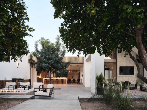 A refined modern courtyard entertaining area framed by mature citrus trees, with pale concrete paving, minimalist outdoor lounge furniture, integrated planting beds, and a covered outdoor kitchen or bar at the rear. White rendered walls, timber-toned screening, and a concrete feature wall with a mounted television create a calm indoor-outdoor living setting.