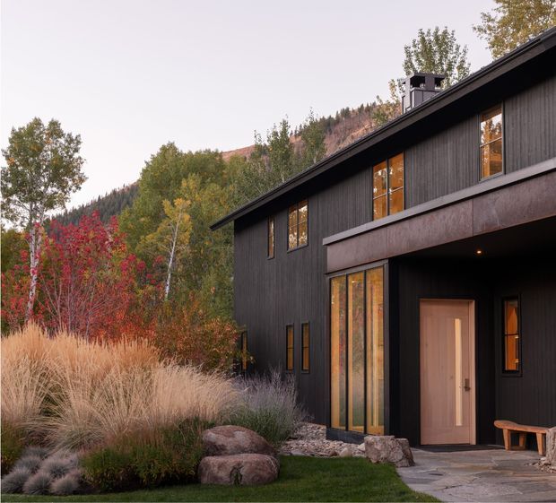 Exterior view of a contemporary dark-clad multi-storey house set against a wooded hillside. The building has a low-pitched roof, vertical charcoal siding, large timber-framed windows, a recessed entry beneath an upper-level overhang, and a naturalistic landscaped foreground with ornamental grasses and boulders.