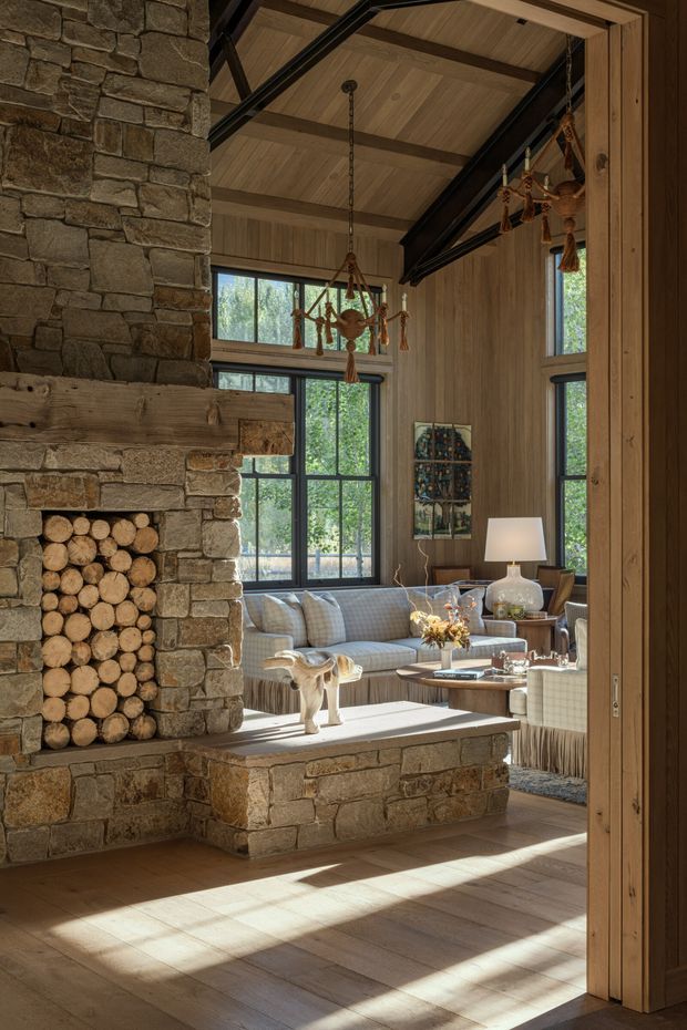 A warm, rustic living room viewed through a wide timber-framed opening. The room features a substantial rough-stone fireplace with stacked firewood, exposed dark structural beams, a timber-lined pitched ceiling and walls, tall black-framed windows, a plaid sofa, upholstered chairs, and a low wood-and-stone coffee table. Natural light creates strong diagonal shadows across the timber floor.