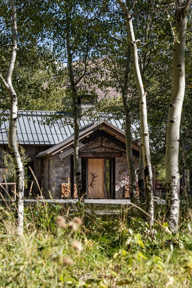A rustic mountain lodge or cabin viewed through a stand of slender birch trees. The building has a stone-clad facade, timber gabled entrance, dark standing-seam metal roofing, and a natural timber front door. Native grasses and woodland vegetation surround the structure, with a rocky mountain slope visible behind it.