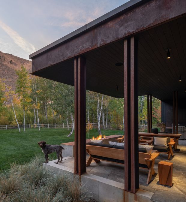 A covered outdoor living terrace beside a modern, open-sided structure in a wooded mountain setting. The pavilion has a broad flat roof with weathered dark metal fascia, slender dark structural posts, a dark timber-lined ceiling, concrete steps and paving, and warm integrated lighting. Timber lounge seating surrounds a linear outdoor fire feature, with a dog on the terrace and autumnal trees and rugged hills beyond.