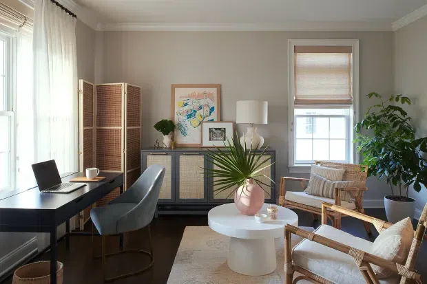 Bright, refined home office and sitting area with a dark desk, upholstered desk chair, woven room divider, cane-front sideboard, framed artwork, lounge chairs, round white coffee table, and abundant indoor plants. Tall windows with sheer curtains and woven blinds provide natural light. The room combines neutral finishes with warm rattan and timber accents.