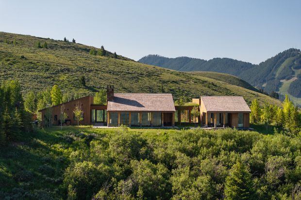 A low, linear mountain residence set within a grassy alpine landscape. The home combines dark timber-clad volumes, extensive glazing, and multiple pitched gabled roofs with exposed timber structure. Dense vegetation surrounds the building, with forested mountains visible in the background.