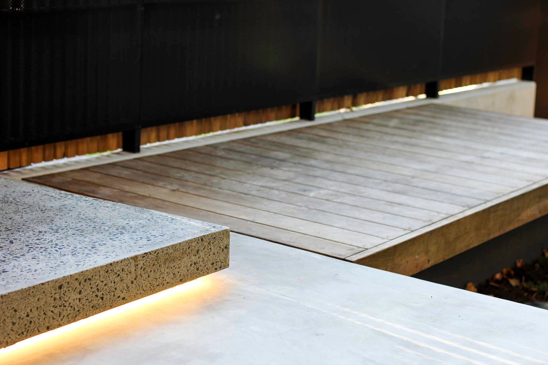 McGovern Residence - Patio. Timber deck edged with concealed strip lighting.