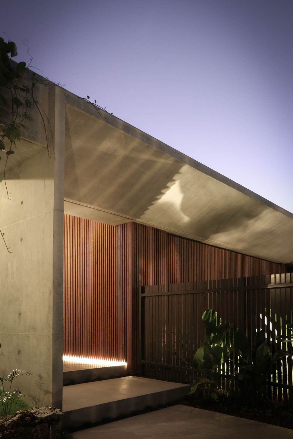 M Residence - Exterior. Timber soffit and dark clad entry beneath the roof.