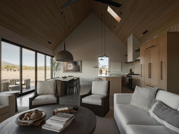 Open-plan contemporary living, dining and kitchen interior with a dramatic pitched timber-lined ceiling, clerestory skylight, large glazed doors, and views toward a dry rural landscape. The room includes a light sofa, two dark-framed lounge chairs, a round coffee table, dining table, pendant lights, and extensive built-in timber kitchen cabinetry.
