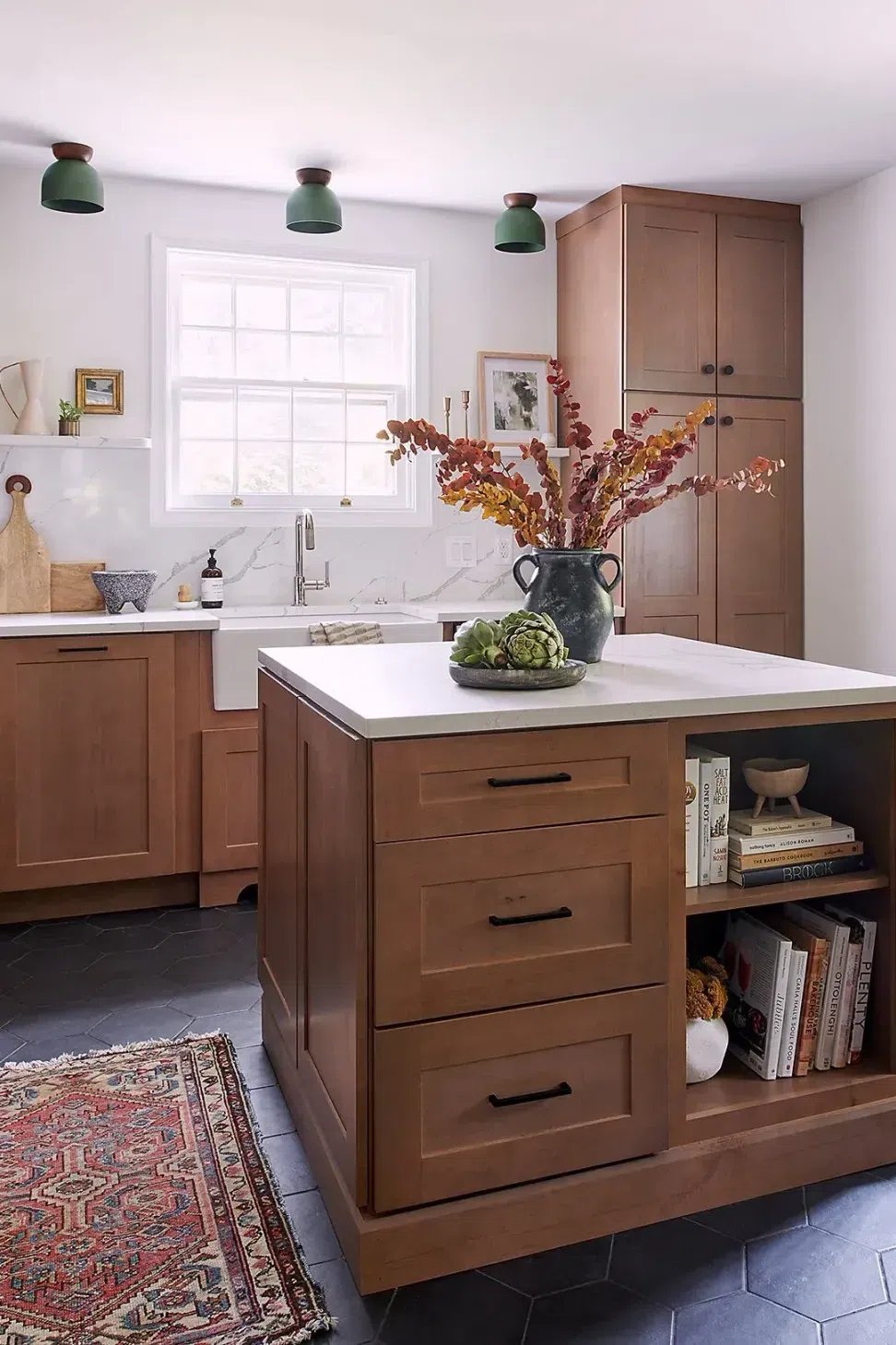 kitchen-renovation-philadelphia-main-line-pa-wood-cabinets-marble-countertop-green-flush-mount-lighting-island.webp