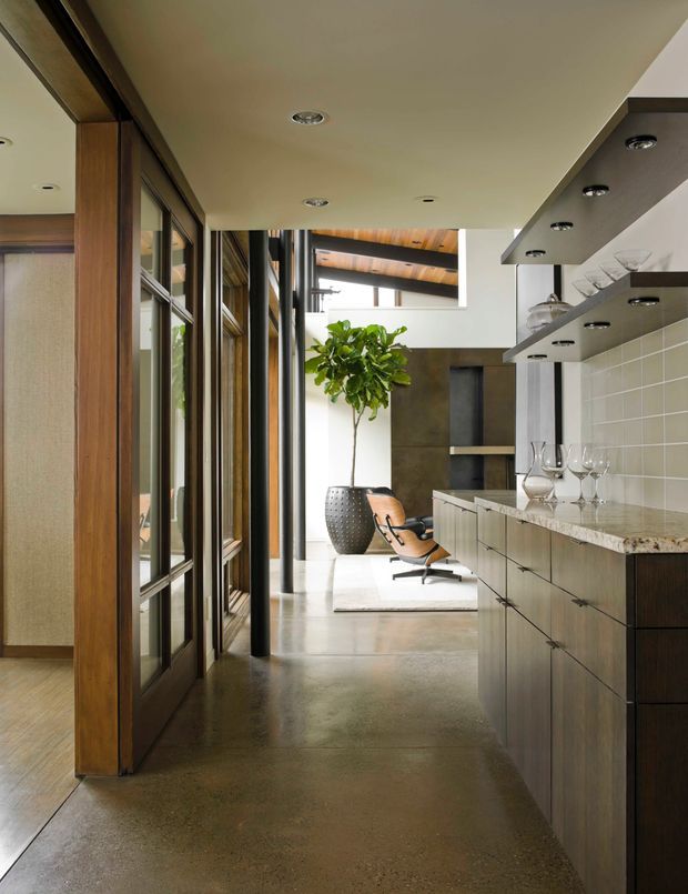 A narrow, sophisticated open-plan interior corridor beside a kitchen and bar area. The space features dark timber-framed glazing and doors on the left, a polished concrete floor, dark wood cabinetry with a pale stone benchtop on the right, tiled backsplash, integrated recessed lighting, floating glassware shelves, and a high clerestory-like opening revealing timber ceiling elements. A sculptural lounge chair and potted indoor tree sit at the end of the passage.