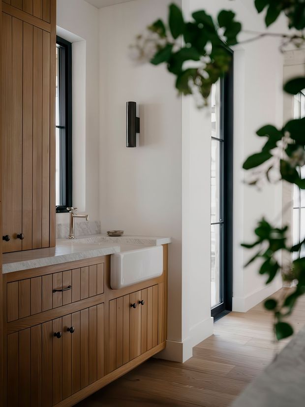 A bright, refined bathroom vanity area with extensive vertical-groove timber cabinetry, a pale stone benchtop, an inset white ceramic basin, brushed metal tapware, and a black cylindrical wall light. Tall black-framed windows and a glazed doorway bring in natural light, while timber flooring and leafy foliage visible in the foreground add warmth and an organic feel.