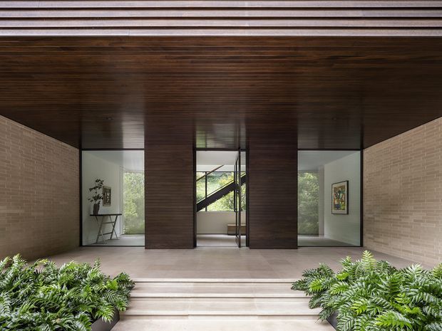 A symmetrical architectural entry courtyard viewed from outside, with broad pale stone steps leading to a glazed entrance. The composition features warm beige brick side walls, extensive dark timber wall and ceiling lining, black-framed glazing, and lush ferns flanking the stairs. A stairway is visible through the central entry beyond the glass. The design has a restrained, refined modern character with strong horizontal timber detailing.