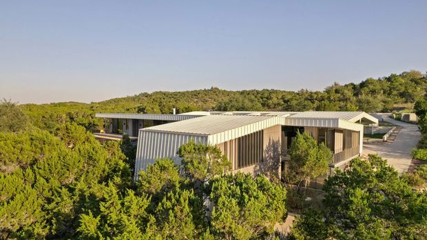 A low, contemporary single-storey building set within dense native vegetation on a wooded site. The structure has a light grey corrugated metal pitched roof, vertical light-coloured cladding and extensive dark-framed glazing, with paved access visible to the right. The image is an elevated exterior architectural view in warm late-afternoon light.