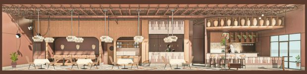 Wide interior view of a refined commercial hospitality space, likely a restaurant or bar. The room features a long service counter and shelving at right, dining tables and upholstered seating, a central sculptural fireplace or feature wall, large windows, warm terracotta-toned walls, and an exposed open ceiling with visible metal trusses and services. The design combines warm contemporary interiors with industrial structural detailing.