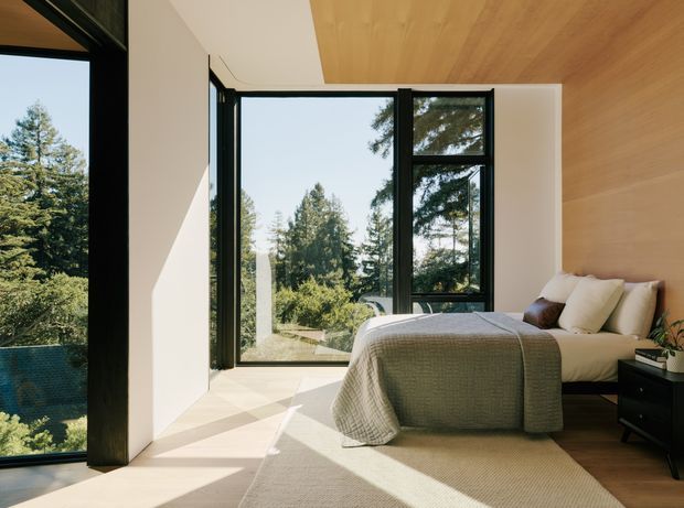 A bright contemporary bedroom with floor-to-ceiling black-framed glazing overlooking trees. The room features a timber-lined ceiling and accent wall, pale neutral walls, light flooring, a low upholstered bed with layered neutral bedding, and a dark bedside table. Strong sunlight creates geometric shadows across the floor and rug.